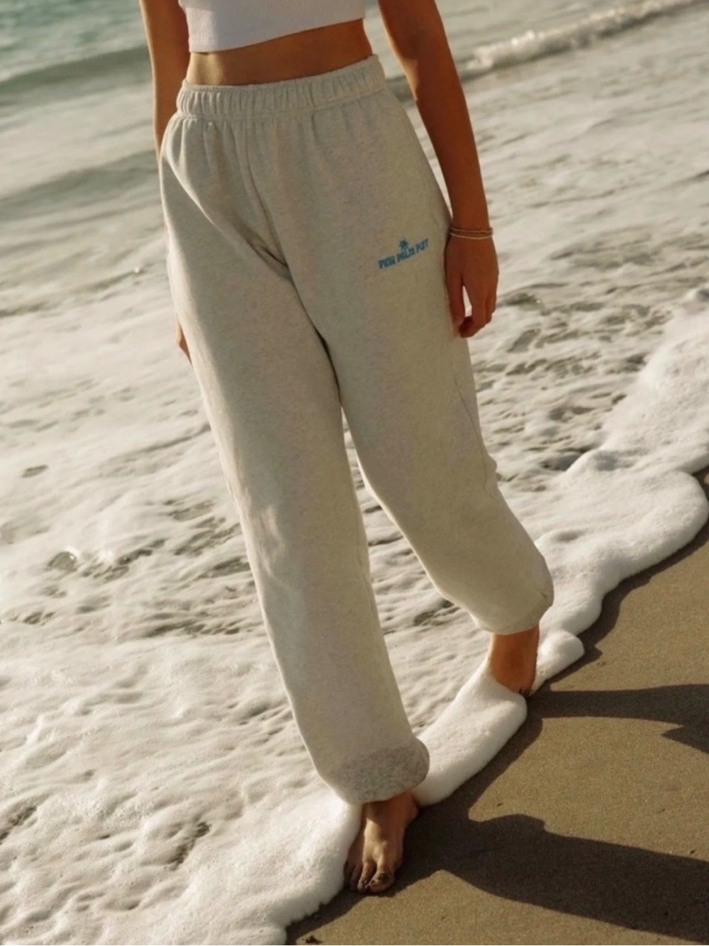 Pink Palm‎ Puff Light Heather White Women’s Sweatpants with Teal Blue Logo.